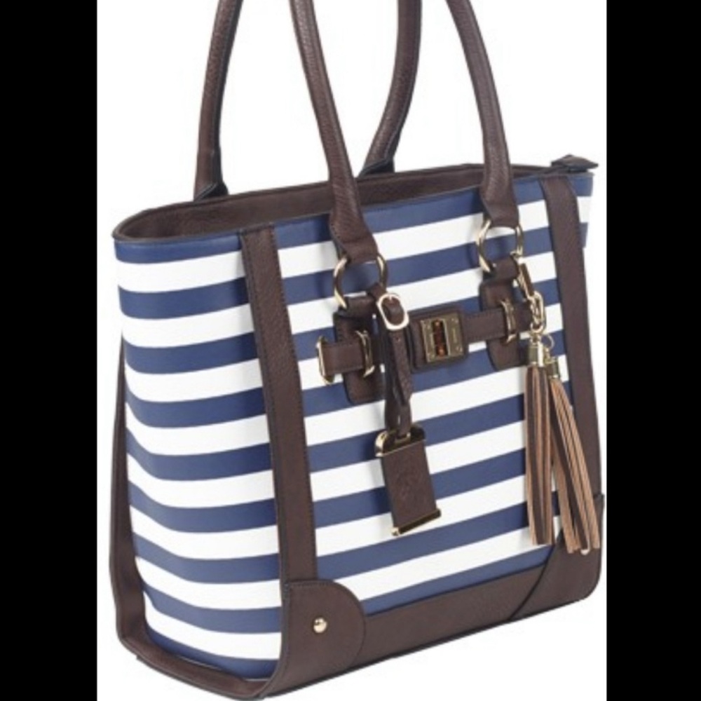 BULLDOG CASES TOTE PURSE W/ HOLSTER, 2-COMPARTMENT, NAVY STRIPE